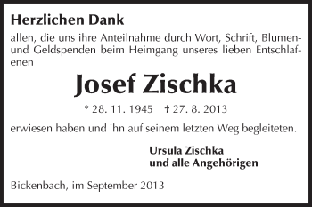 Traueranzeige von Josef Zischka von Echo-Zeitungen (Gesamtausgabe)