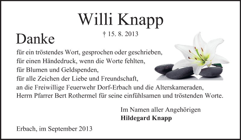  Traueranzeige für Wilhelm Knapp vom 14.09.2013 aus Odenwälder Echo
