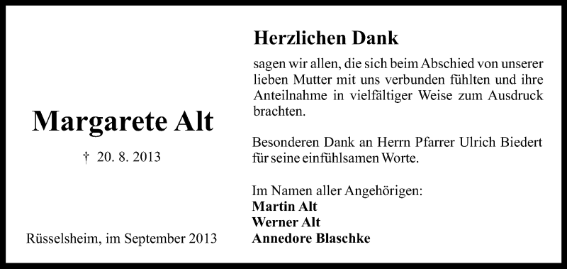 Traueranzeige für Margarete Alt vom 12.09.2013 aus Rüsselsheimer Echo, Groß-Gerauer-Echo, Ried Echo