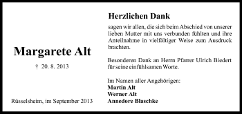 Traueranzeige von Margarete Alt von Rüsselsheimer Echo, Groß-Gerauer-Echo, Ried Echo