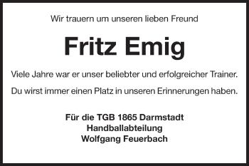 Traueranzeige von Fritz Emig von Echo-Zeitungen (Gesamtausgabe)