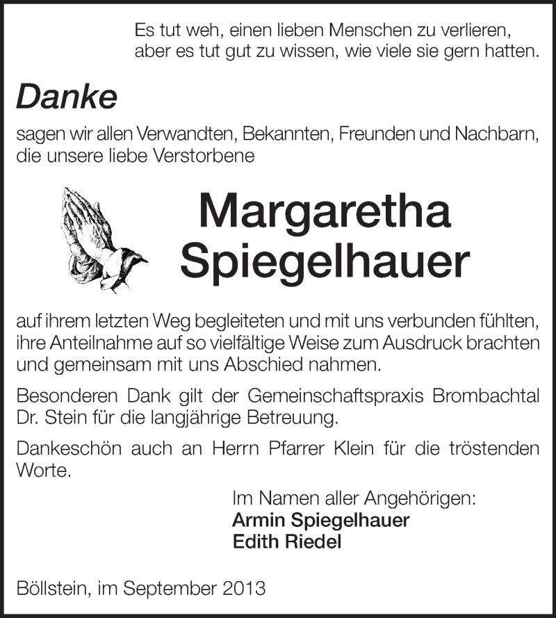  Traueranzeige für Margaretha Spiegelhauer vom 14.09.2013 aus Odenwälder Echo