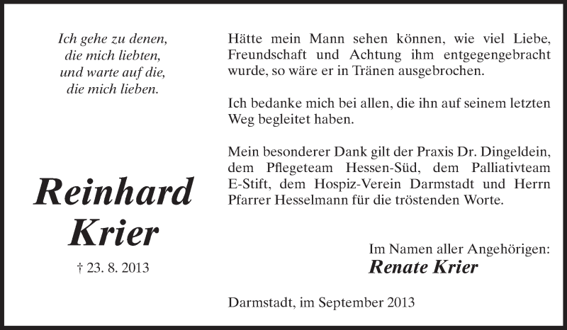  Traueranzeige für Reinhard Krier vom 14.09.2013 aus Echo-Zeitungen (Gesamtausgabe)