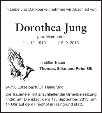 Traueranzeige von Dorothea Jung von Odenwälder Echo