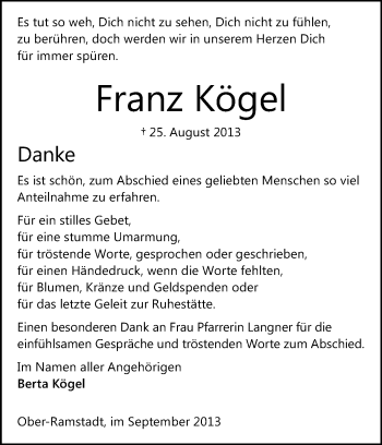 Traueranzeige von Franz Kögel von Echo-Zeitungen (Gesamtausgabe)