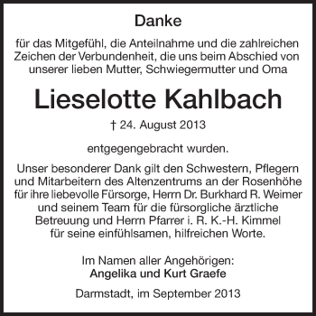 Traueranzeige von Lieselotte Kahlbach von Echo-Zeitungen (Gesamtausgabe)
