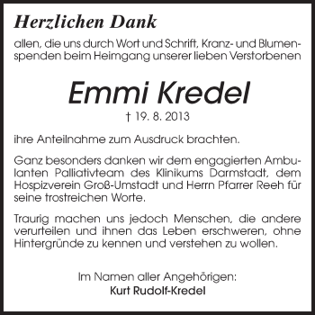 Traueranzeige von Emmi Kredel von Odenwälder Echo