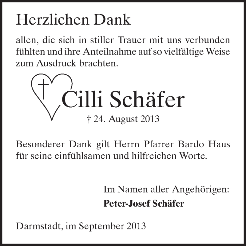  Traueranzeige für Cilli Schäfer vom 21.09.2013 aus Echo-Zeitungen (Gesamtausgabe)