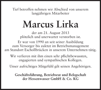 Traueranzeige von Marcus Lirka von Rüsselsheimer Echo, Groß-Gerauer-Echo, Ried Echo