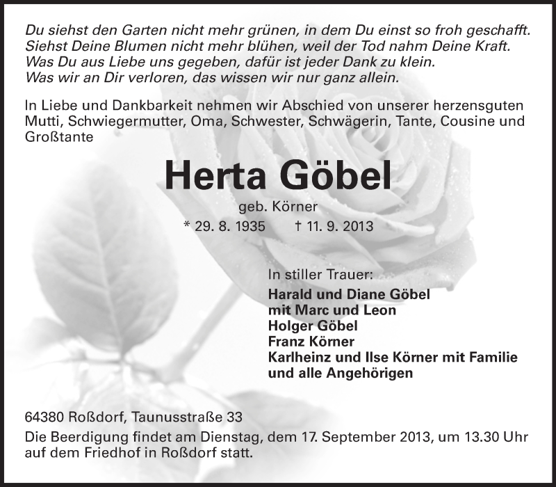  Traueranzeige für Herta Göbel vom 14.09.2013 aus Echo-Zeitungen (Gesamtausgabe)