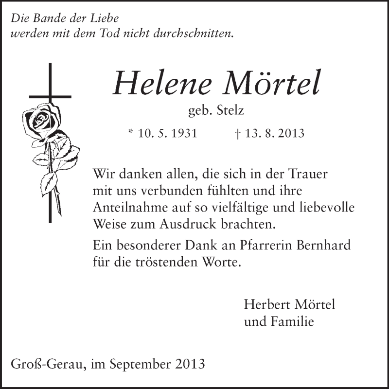  Traueranzeige für Helene Mörtel vom 14.09.2013 aus Rüsselsheimer Echo, Groß-Gerauer-Echo, Ried Echo
