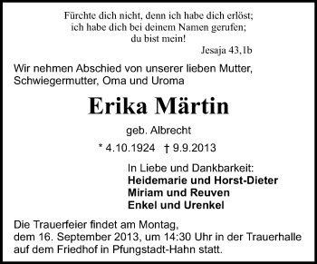 Traueranzeige von Erika Märtin von Echo-Zeitungen (Gesamtausgabe)