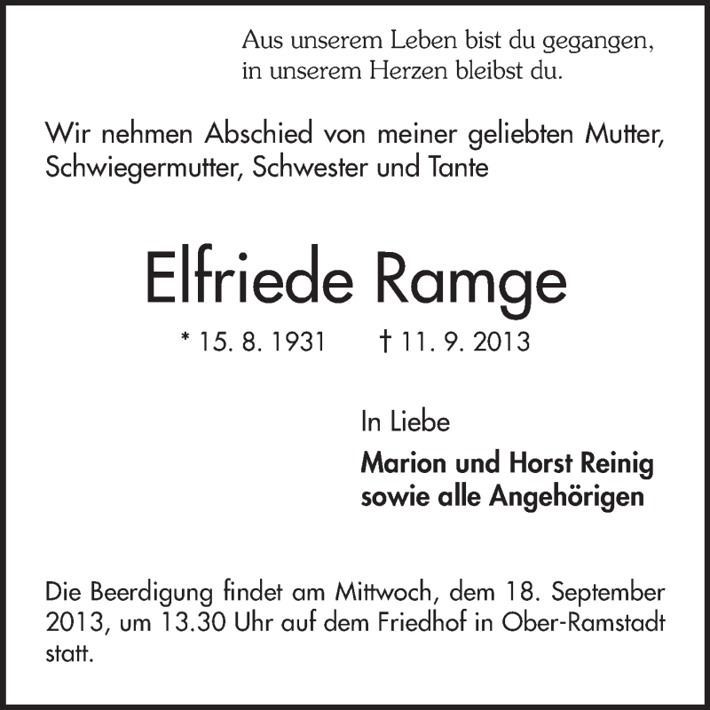  Traueranzeige für Elfriede Ramge vom 14.09.2013 aus Echo-Zeitungen (Gesamtausgabe)