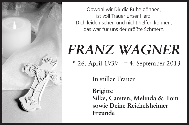  Traueranzeige für Franz Wagner vom 14.09.2013 aus Odenwälder Echo