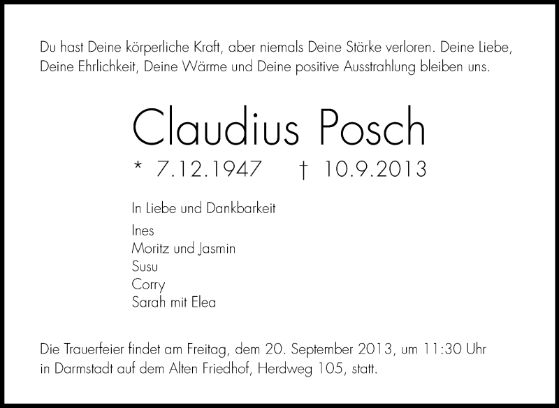  Traueranzeige für Claudius Posch vom 14.09.2013 aus Echo-Zeitungen (Gesamtausgabe)