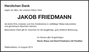 Traueranzeige von Jakob Friedmann von Rüsselsheimer Echo, Groß-Gerauer-Echo, Ried Echo