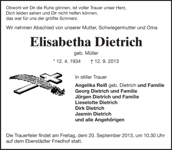 Traueranzeige von Elisabetha Dietrich von Echo-Zeitungen (Gesamtausgabe)