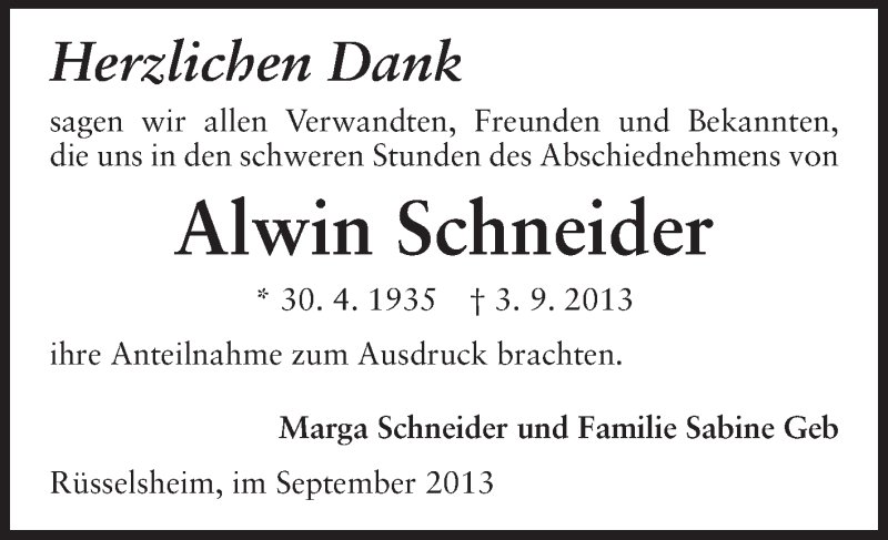 Traueranzeige für Alwin Schneider vom 14.09.2013 aus Rüsselsheimer Echo, Groß-Gerauer-Echo, Ried Echo