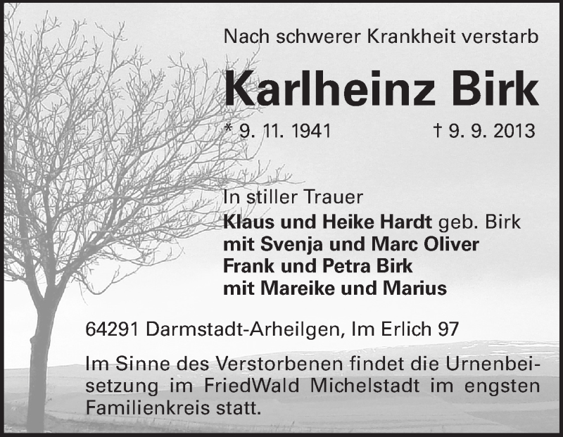  Traueranzeige für Karlheinz Birk vom 14.09.2013 aus Echo-Zeitungen (Gesamtausgabe)