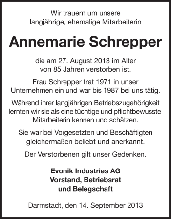 Traueranzeige von Annemarie Schrepper von Echo-Zeitungen (Gesamtausgabe)