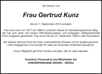Traueranzeige von Gerhard Kunz von Rüsselsheimer Echo, Groß-Gerauer-Echo, Ried Echo