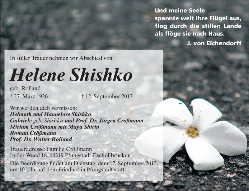  Traueranzeige für Helene Shishko vom 14.09.2013 aus Echo-Zeitungen (Gesamtausgabe)