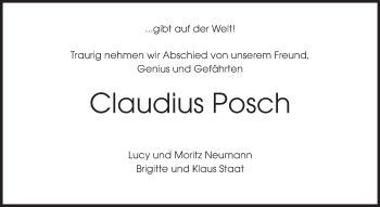 Traueranzeige von Claudius Posch von Echo-Zeitungen (Gesamtausgabe)