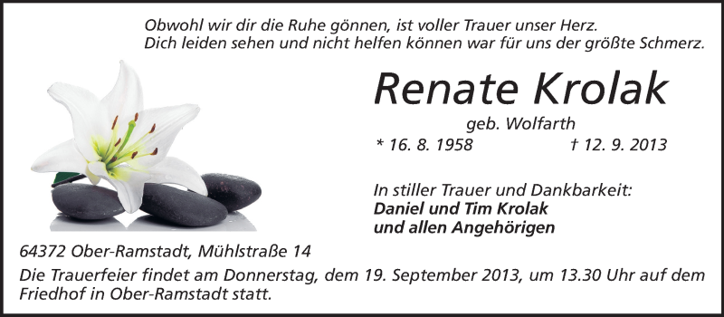  Traueranzeige für Renate Krolak vom 14.09.2013 aus Echo-Zeitungen (Gesamtausgabe)
