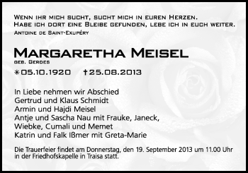 Traueranzeige von Margaretha Meisel von Echo-Zeitungen (Gesamtausgabe)
