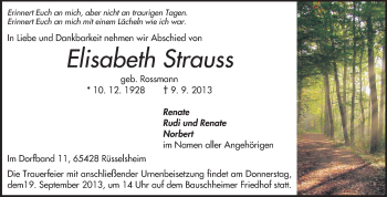 Traueranzeige von Elisabeth Strauss von Rüsselsheimer Echo, Groß-Gerauer-Echo, Ried Echo
