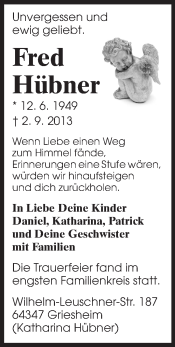 Traueranzeige von Fred Hübner von Echo-Zeitungen (Gesamtausgabe)