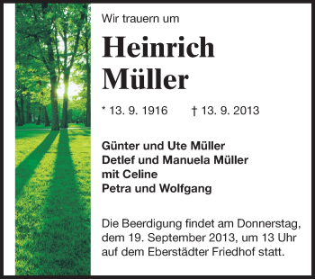 Traueranzeige von Heinrich Müller von Echo-Zeitungen (Gesamtausgabe)