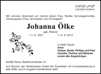 Traueranzeige von Johanna Ölke von Rüsselsheimer Echo, Groß-Gerauer-Echo, Ried Echo