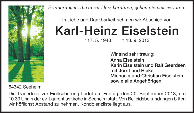  Traueranzeige für Karl-Heinz Eiselstein vom 17.09.2013 aus Echo-Zeitungen (Gesamtausgabe)