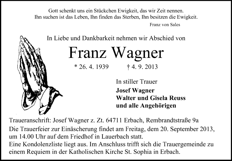  Traueranzeige für Franz Wagner vom 17.09.2013 aus Echo-Zeitungen (Gesamtausgabe)