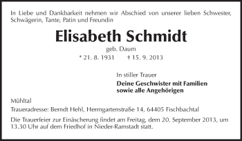 Traueranzeige von Elisabeth Schmidt von Echo-Zeitungen (Gesamtausgabe)