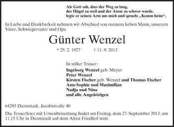 Traueranzeige von Günter Wenzel von Echo-Zeitungen (Gesamtausgabe)