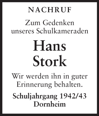 Traueranzeige von Hans Stork von Rüsselsheimer Echo, Groß-Gerauer-Echo, Ried Echo