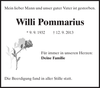 Traueranzeige von Willi Pommarius von Echo-Zeitungen (Gesamtausgabe)