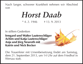 Traueranzeige von Horst Daab von Odenwälder Echo