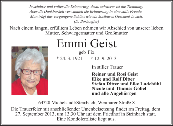 Traueranzeige von Emmi Geist von Odenwälder Echo