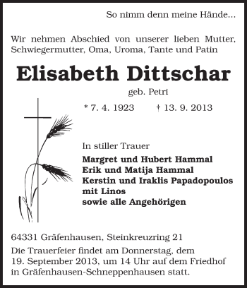 Traueranzeige von Elisabeth Dittschar von Echo-Zeitungen (Gesamtausgabe)