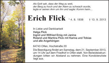 Traueranzeige von Erich Flick von Odenwälder Echo