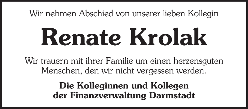  Traueranzeige für Renate Krolak vom 18.09.2013 aus Echo-Zeitungen (Gesamtausgabe)