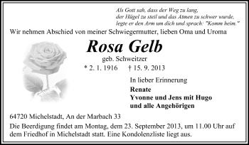 Traueranzeige von Rosa Gelb von Odenwälder Echo