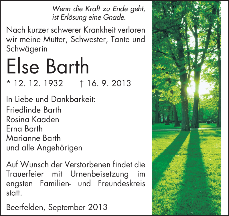  Traueranzeige für Else Barth vom 24.09.2013 aus Odenwälder Echo