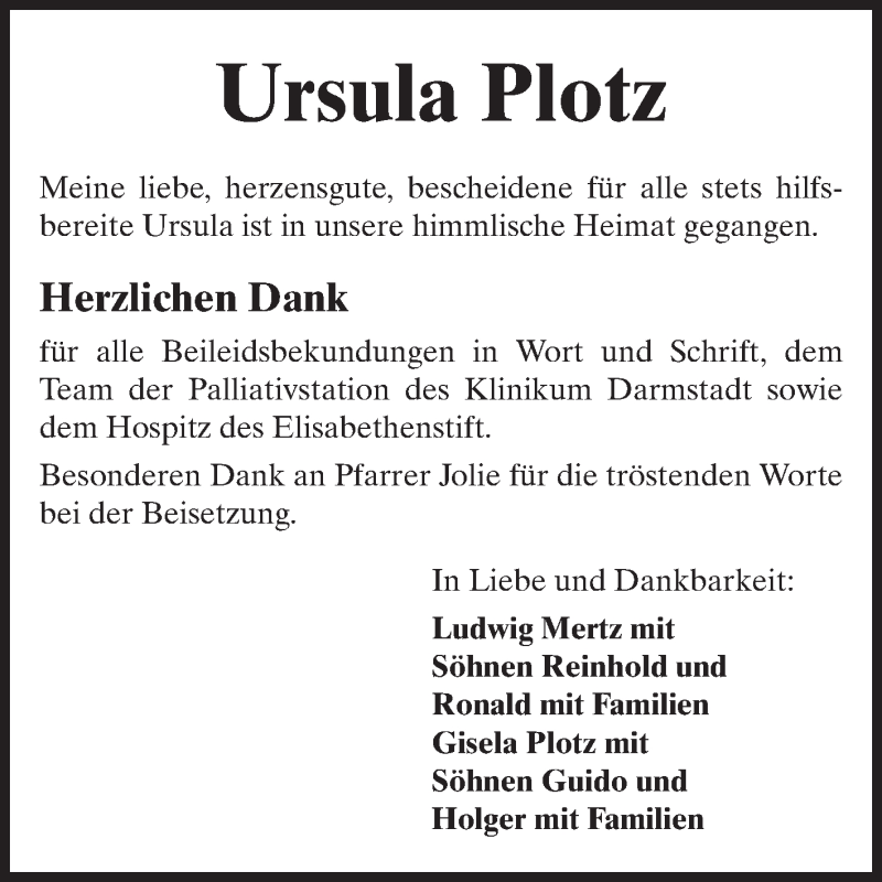  Traueranzeige für Ursula Plotz vom 21.09.2013 aus Echo-Zeitungen (Gesamtausgabe)