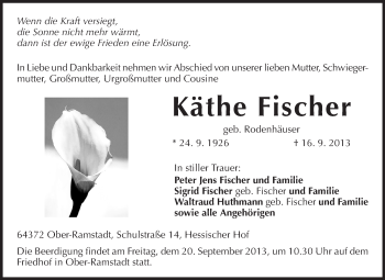 Traueranzeige von Käthe Fischer von Echo-Zeitungen (Gesamtausgabe)