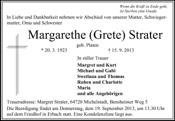 Traueranzeige von Margarethe Strater von Odenwälder Echo
