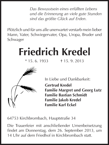 Traueranzeige von Friedrich Kredel von Odenwälder Echo